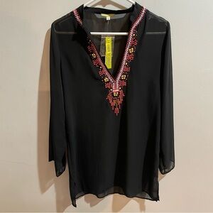NWT Gianni Bini Tunic Sheer Black Beaded Women’s Top Swim Cover, Size Small